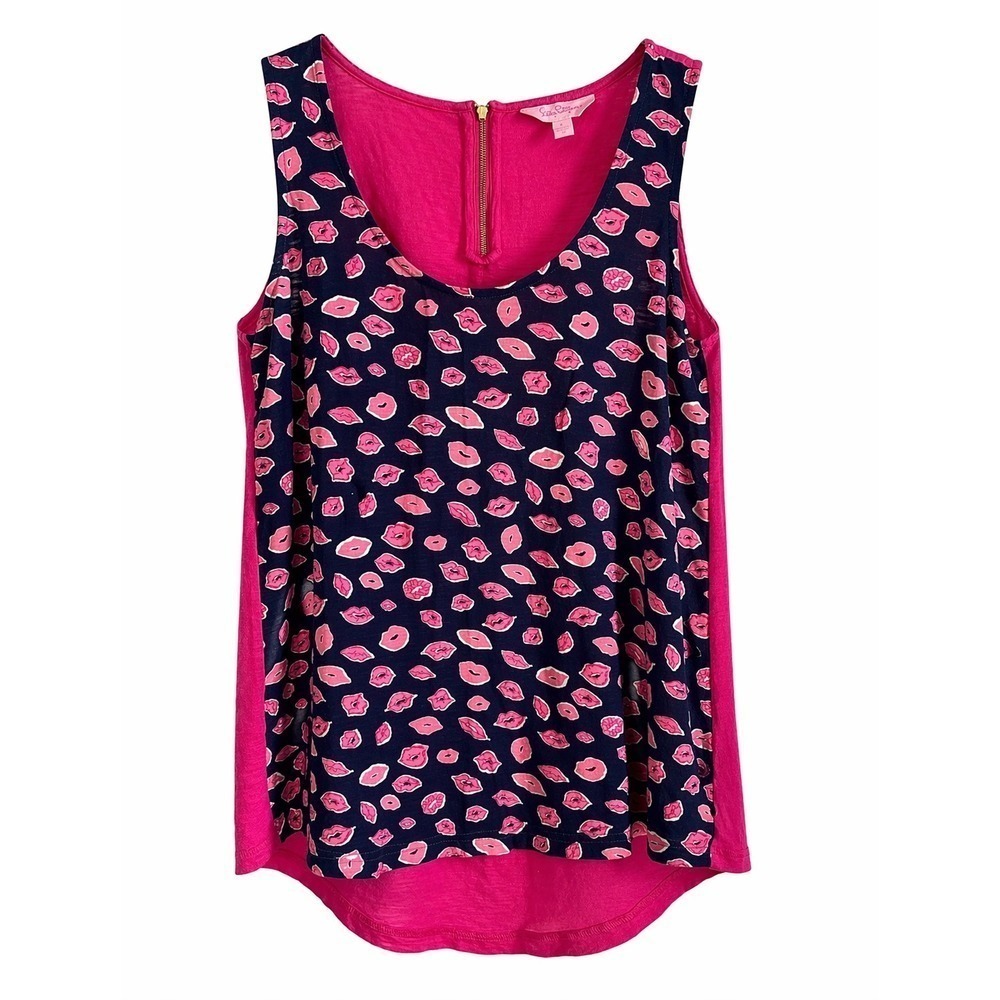 Lilly Pulitzer Pink Navy Lip Print Tank Small Y2K Preppy Resort Cotton
